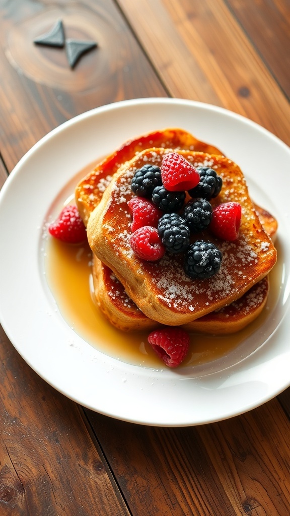Golden-brown French toast topped with fresh berries and powdered sugar on a rustic wooden table.